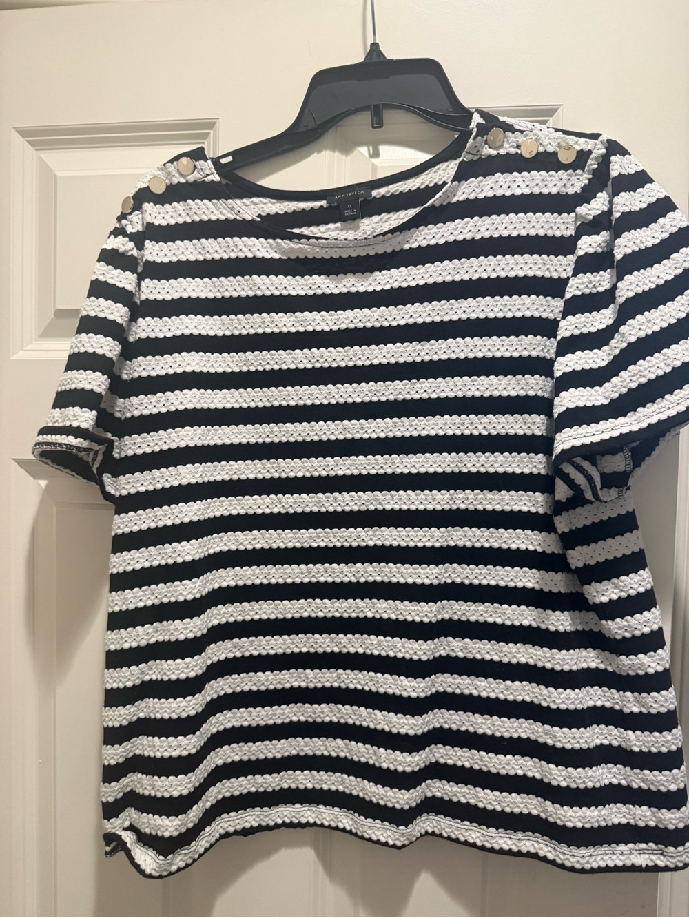 Ann Taylor Black & White Striped Short Sleeve Top with Shoulder Buttons